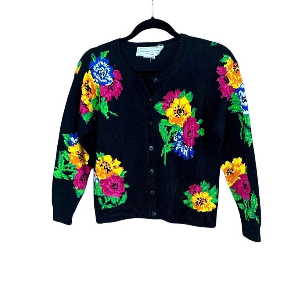 Adrienne Vittadini Cardigan Sweater Black Floral Cottagecore Vintage 90s Size P